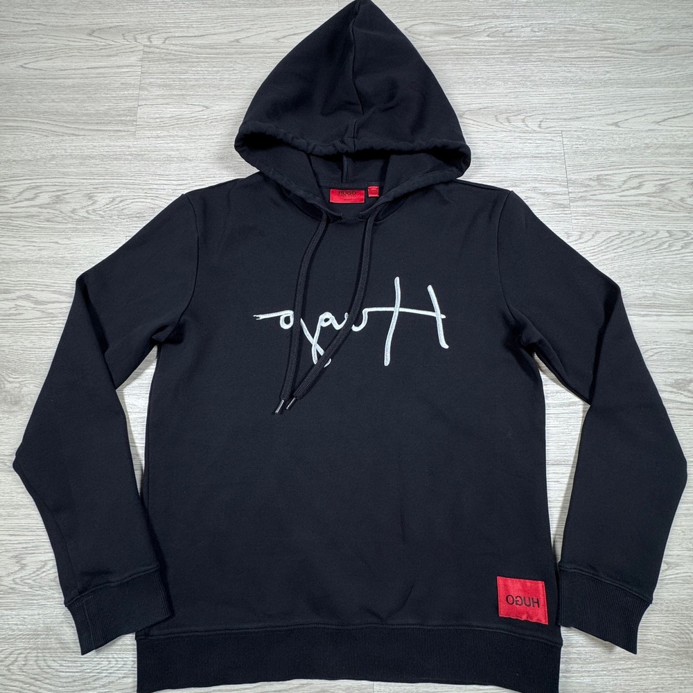 Hugo Dangfall Hoodie Embroidered Script Logo Patch Black Sweatshirt Small